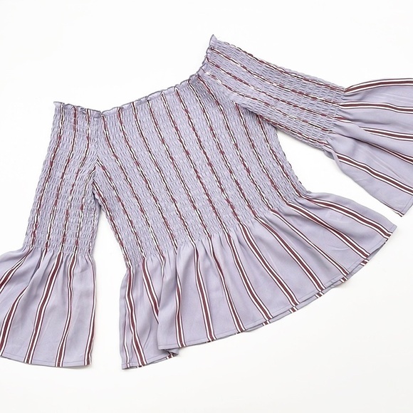 Candie's lavender striped off the shoulder bell sleeve ruched top - Picture 1 of 5